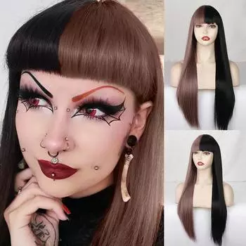 Женский длинный прямой парик MERISIHAIR с челкой, синтетический полуцветный черный, темно-фиолетовый длинный прямой парик для косплея 60 CM