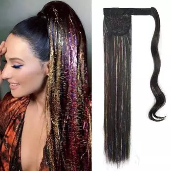 Женский длинный прямой парик с хвостиком, наращивание волос, блестящий сверкающий накладной хвост, синтетическое волокно, шиньон для вечеринки, ежедневного использования