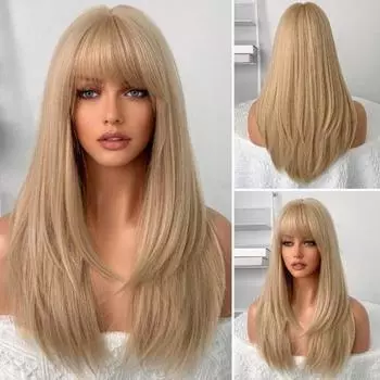 Женский длинный прямой золотистый парик с челкой, естественный вид, шелковистые, термостойкие, высокотемпературные волокна, женские светлые синтетические волосы золотистый