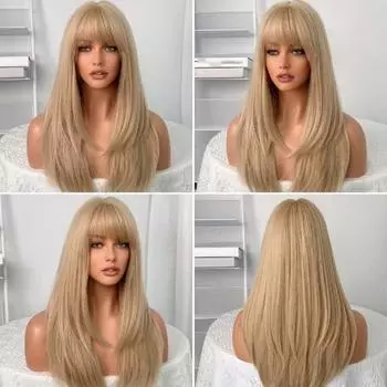 Женский длинный прямой золотистый парик с челкой, естественный вид, шелковистые, термостойкие, высокотемпературные волокна, женские светлые синтетические волосы золотистый