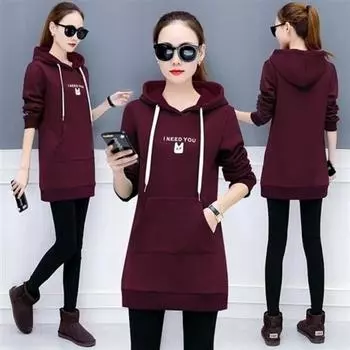 Женский длинный пуловер с капюшоном, вышитая толстовка с капюшоном, свободный большой размер, длинный рукав 3XL