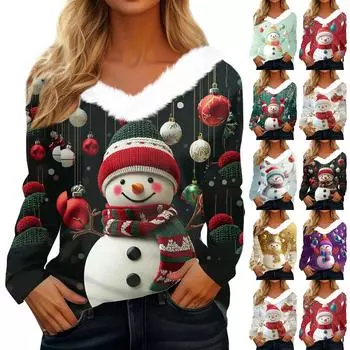 Женский длинный рукав рождественский принт вечеринка плюшевый воротник широкий повседневный V-образный вырез топ XL золотой