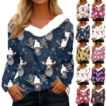 Женский длинный рукав рождественский принт вечеринка плюшевый воротник широкий повседневный V-образный вырез топ XXL чёрный