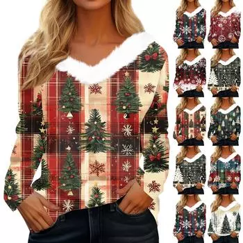 Женский длинный рукав рождественский принт вечеринка плюшевый воротник широкий повседневный V-образный вырез топ XXL