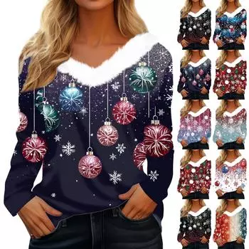 Женский длинный рукав рождественский принт вечеринка плюшевый воротник широкий повседневный V-образный вырез топ M винный