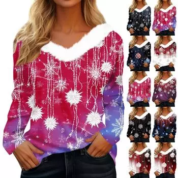 Женский длинный рукав рождественский принт вечеринка плюшевый воротник широкий повседневный V-образный вырез топ M