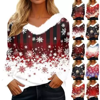 Женский длинный рукав рождественский принт вечеринка плюшевый воротник широкий повседневный V-образный вырез топ M винный