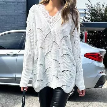 Женский длинный рукав V-образный вырез кружевной пуловер свитера осень ажурный тонкий пэчворк белый вязаный свитер топы женский повседневный свободный трикотаж джемпер 24737 S белый