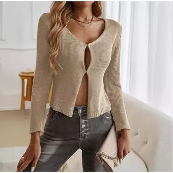 Женский длинный рукав вязаный кардиган тонкий сексуальный однотонный осенний модный женский свитер S чёрный