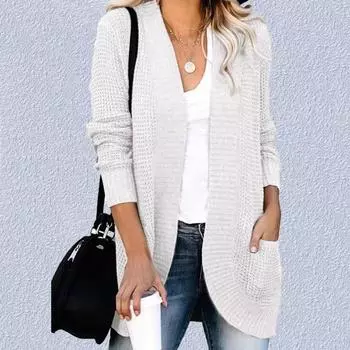 Женский длинный рукав вязаный свитер кардиган повседневная куртка S хаки