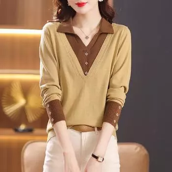 Женский длинный рукав вязаный свитер с сплошным лацканом искусственный двухсекционный пуловер топ модный дизайн базовая рубашка свитера One Size(45-65kg) светло-зеленый