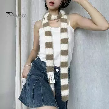 Женский длинный шарф в стиле ретро, полосатый, цветной, утолщенный, искусственный мех норки, теплый, тонкий шарф, модный аксессуар чёрный