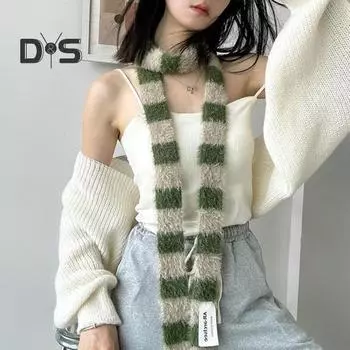 Женский длинный шарф в стиле ретро, полосатый, цветной, утолщенный, искусственный мех норки, теплый, тонкий шарф, модный аксессуар зелёный