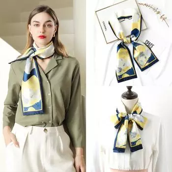 Женский длинный шелковый шарф с принтом, имитация шелкового атласа, галстук для волос, милые растяжки 14 см * 145 см, модный элегантный офисный хиджаб, повязка на голову синий