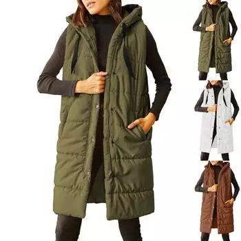 Женский длинный стеганый жилет без рукавов с капюшоном на пуговицах, утепленное пальто, куртка, верхняя одежда с карманами M зелёный