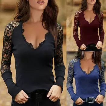 Женский длинный стильный пуловер с открытыми плечами и v-образным вырезом, кружевная блузка S красный