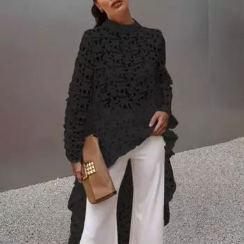 Женский длинный топ с вырезом, нерегулярное вязание крючком, кружево, цветочное лоскутное шитье, прозрачный, короткий спереди S темно-синий