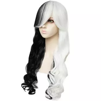 Женский длинный вьющийся парик, косплей, аниме Danganronpa Monokuma, костюм Dangan Ronpa, термостойкие синтетические волосы, белые, черные парики One Size чёрный