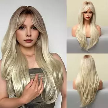 Женский длинный вьющийся парик с челкой, естественно выглядящий, шелковистый, термостойкий, высокотемпературное волокно, женские волнистые светлые каштановые синтетические волосы