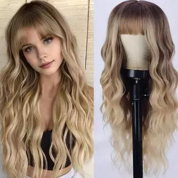 Женский длинный вьющийся парик с челкой, шелковистые, естественно выглядящие, термостойкие, высокотемпературные волокна, женские светлые волнистые синтетические волосы золотистый
