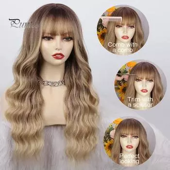 Женский длинный вьющийся парик с челкой, шелковистые, естественно выглядящие, термостойкие, высокотемпературные волокна, женские светлые волнистые синтетические волосы золотистый