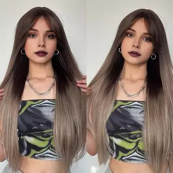 Женский длинный вьющийся парик с челкой, естественно выглядящий, шелковистый, термостойкий, высокотемпературное волокно, женские волнистые светлые каштановые синтетические волосы