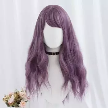 Женский длинный вьющийся парик с челкой, милая Лолита, натуральный вид, термостойкое высокотемпературное волокно, сплошной цвет, волнистые синтетические волосы