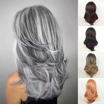 Женский длинный вьющийся парик, средняя часть, натуральное термостойкое высокотемпературное волокно, средние длинные серые, черные, коричневые волнистые синтетические волосы