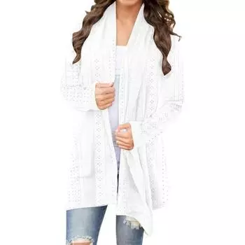 Женский длинный вязаный кардиган крючком, с длинным рукавом, открытый спереди, трикотажное пальто, осенняя повседневная ажурная верхняя одежда S белый