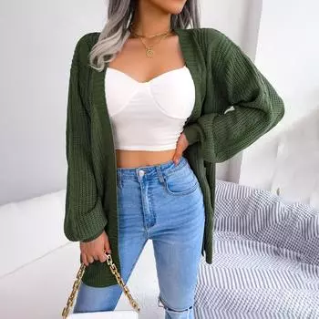 Женский длинный вязаный кардиган с открытой передней частью L армия зеленый