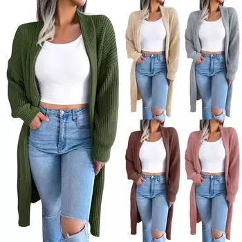 Женский длинный вязаный кардиган с открытой передней частью L армия зеленый