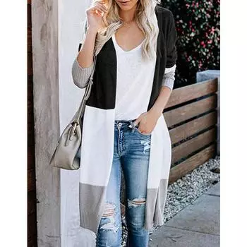 Женский длинный вязаный свитер-кардиган в полоску в стиле пэчворк осень/зима S хаки