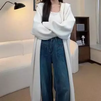 Женский длинный вязаный свитер с капюшоном, пальто, модная повседневная свободная куртка, женский однотонный осенне-зимний кардиган, винтажные толстые ленивые кардиганы 25328 M чёрный