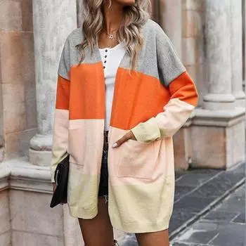 Женский длинный вязаный свитер в полоску в стиле пэчворк осень/зима S серый