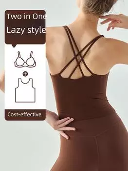 Женский длинный жилет для йоги с накладкой на грудь, U-образный вырез, облегающий крой, красивая спина, спортивный топ без рукавов для фитнеса Extra Large каштановый