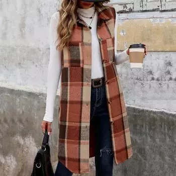 Женский длинный жилет с нагрудными карманами, клетчатый принт, отложной воротник, однобортный, средней длины S кофейный