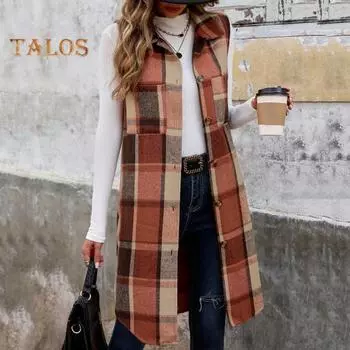 Женский длинный жилет с нагрудными карманами, клетчатый принт, отложной воротник, однобортный жилет средней длины, свободная верхняя одежда Caerdigan для повседневной носки и свиданий S кофейный