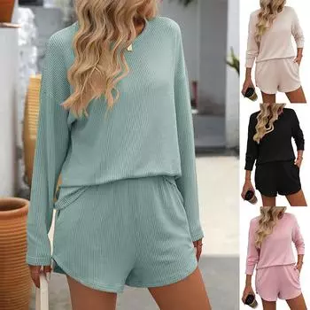 Женский домашний костюм осень-зима повседневный комплект из 2 предметов спортивная рубашка шорты комплект пижама женская одежда для сна комплект для отдыха S розовый