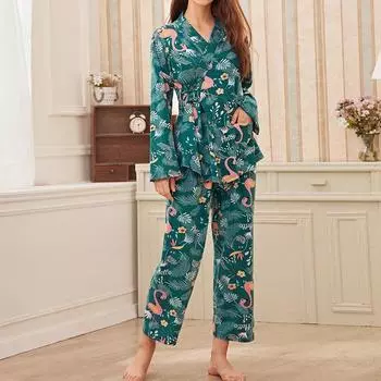 Женский домашний костюм с принтом из молочного шелка с длинным рукавом, новый свободный костюм большого размера M