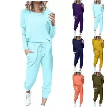 Женский домашний свободный однотонный повседневный спортивный костюм с длинными рукавами и длинными брюками XL