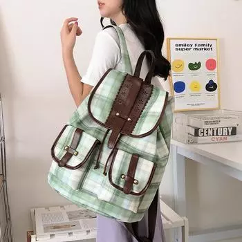 Женский дорожный рюкзак с несколькими карманами, клетчатый рюкзак большой вместимости зелёный