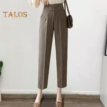 Женский драпированный костюм, брюки на пуговицах и молнии, прямые брюки с высокой талией, однотонные офисные женские брюки с карманами, рабочая одежда M чёрный