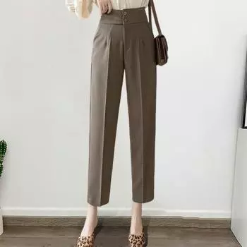 Женский драпированный костюм, брюки на пуговицах и молнии, прямые брюки с высокой талией, однотонные офисные женские брюки с карманами M чёрный