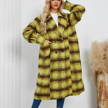 Женский двубортный пиджак средней длины из шерстяной ткани в клетку L зелёный