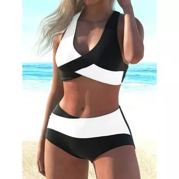 Женский двухцветный многослойный комплект бикини с бретелькой через шею, контрастный цвет, сексуальный купальник, мода для бассейна и пляжа S
