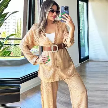 Женский двухкомпонентный костюм высокого качества с длинными рукавами и леопардовым принтом, модный повседневный женский костюм S синий