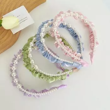 Женский двухрядный сетчатый ободок из шелковой ткани с жемчугом, сплошной цвет, яркие милые волосы 17*7cm чёрный