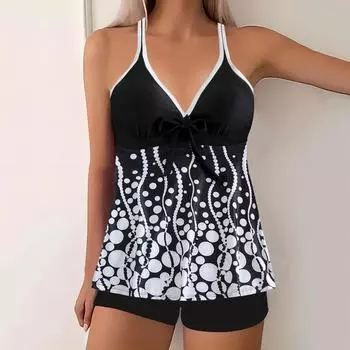 Женский двухсекционный купальник-бикини с принтом, мягкий танкини, купальный костюм, сексуальные бикини, купальные костюмы, комплект бикини с бретельками через шею и пуш-апом XS чёрный