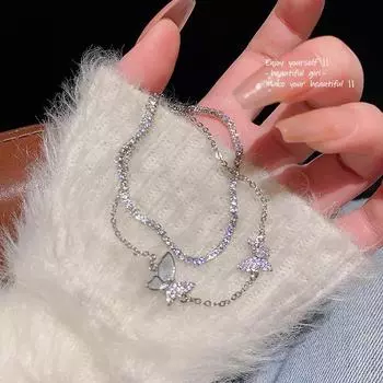 Женский двухслойный браслет-бабочка из циркония - корейские легкие роскошные украшения для студенток и подруг S483 серебряный