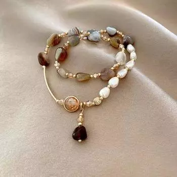 Женский двухслойный браслет из жемчуга и натурального камня: Шикарный ретро-стиль, легкая роскошь, идеально подходит для любого случая.